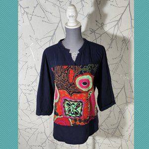 O-necue Navy Abstract Art Printed Mandarin Collar Blouse